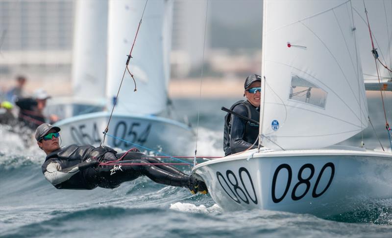 Seb Menzies/Blake Mcglashan (NZL) lead the 420 Open - 2019 420 World Championship photo copyright Osga - João Ferreir taken at Vilamoura Sailing and featuring the 420 class