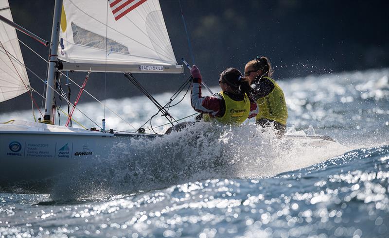 Madeline Hawkins and Yumi Yoshiyasu (USA) on day 2 of the Hempel Youth Sailing World Championships photo copyright Robert Hajduk / World Sailing taken at  and featuring the 420 class