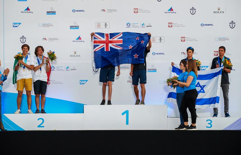 Seb Menzies and Blake McGlashan (NZL) - Day 5 - 420 - 2019 Hempel Youth Sailing World Championships, Gdynia, Poland photo copyright Jacek Kwiatkowski / World Sailing taken at  and featuring the 420 class