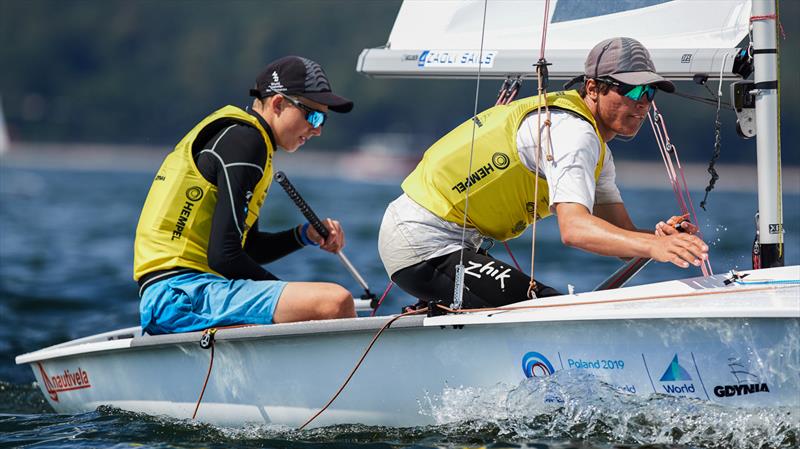 Seb Menzies and Blake McGlashan (NZL) - Day 5 - 420 - 2019 Hempel Youth Sailing World Championships, Gdynia, Poland photo copyright Jacek Kwiatkowski / World Sailing taken at  and featuring the 420 class