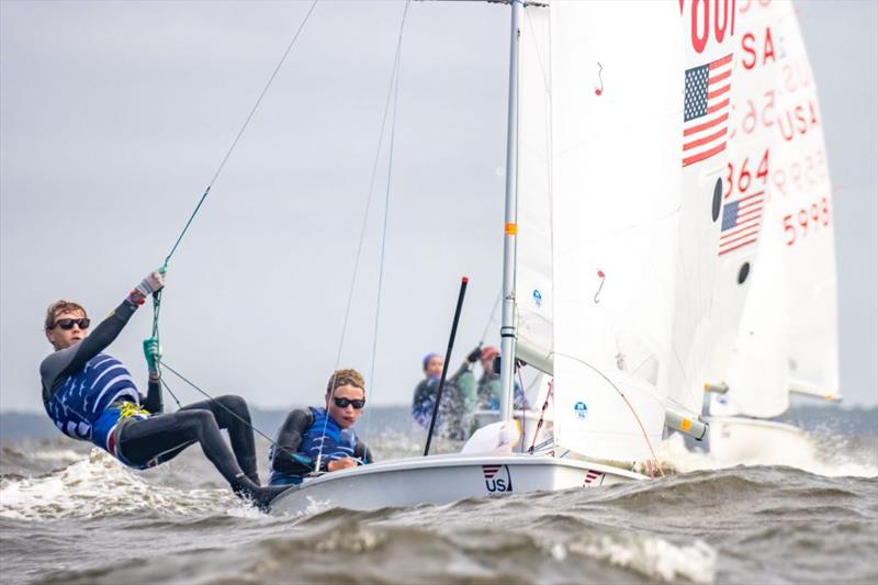 Griggs Diemar and Emery Diemar (Coral Reef YC) working hard in the challenging conditions on day 2 of the U.S. Youth Sailing Championships photo copyright Matt Flanagan McCotter taken at  and featuring the 420 class