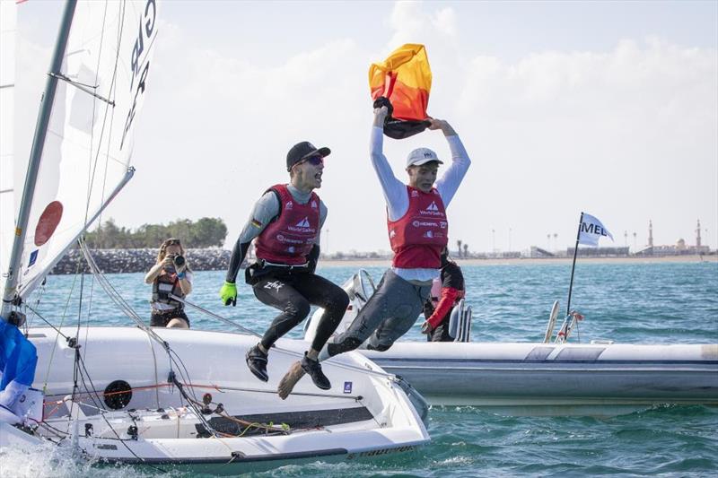 Florian Krauss and Jannis Summchen (GER) win the Male 420 class at the Youth Sailing World Championships presented by Hempel - photo © Sander van der Borch / Lloyd Images / Oman Sail
