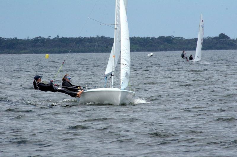 Competing in Azzurra (sail number 55149), Olivia Cameron and Lilly Fogarty, create some waves at the 2023 Australian 420 Championship photo copyright Jeanette Severs taken at Metung Yacht Club and featuring the 420 class