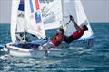 Camille Lecointre/Helene Defrance (FRA9) and Jo Aleh/Polly Powrie (NZL75) during hte medal race at the 470 Worlds in Haifa © Aquazoom / Ronan Topelberg