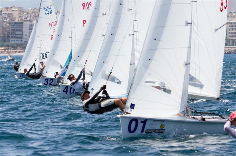 Mens fleet on day 1 of the 470 European Championships in Athens photo copyright AleN Photography / www.alen.gr taken at Nautical Club of Tzitzifies Kallithea and featuring the 470 class