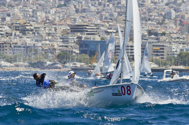 Lara Vadlau and Jolanta Ogar (AUT) on day 3 of the 470 European Championships in Athens photo copyright AleN Photography / www.alen.gr taken at Nautical Club of Tzitzifies Kallithea and featuring the 470 class