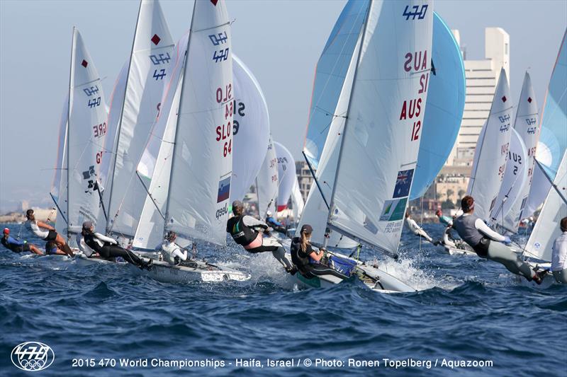 470 Women Downwind on day 4 of the 470 Worlds in Haifa photo copyright Aquazoom / Ronan Topelberg taken at Haifa Sailing Center and featuring the 470 class
