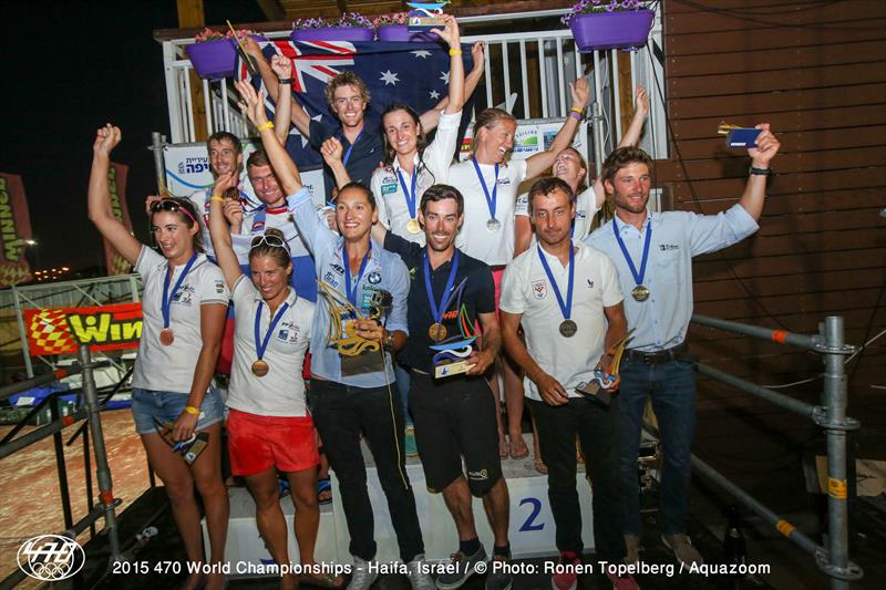 Men and Women Medallists at the 470 Worlds in Haifa photo copyright Aquazoom / Ronan Topelberg taken at Haifa Sailing Center and featuring the 470 class