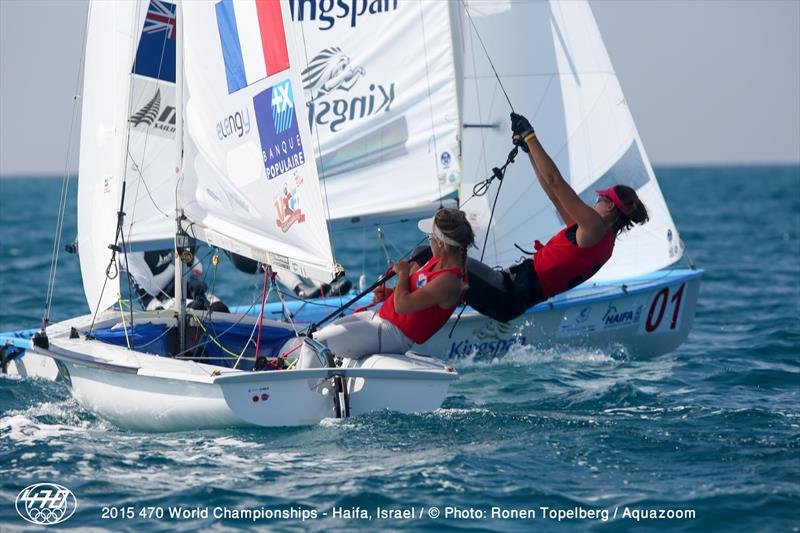 Camille Lecointre/Helene Defrance (FRA9) and Jo Aleh/Polly Powrie (NZL75) during hte medal race at the 470 Worlds in Haifa photo copyright Aquazoom / Ronan Topelberg taken at Haifa Sailing Center and featuring the 470 class