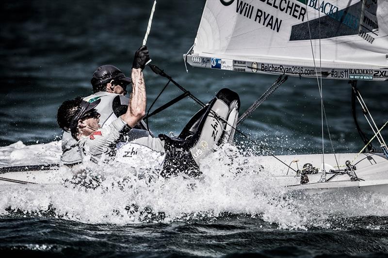 Mat Belcher & Will Ryan on day 1 of ISAF Sailing World Cup Final, Abu Dhabi photo copyright Jesus Renedo / Sailing Energy / ISAF taken at Abu Dhabi Sailing & Yacht Club and featuring the 470 class