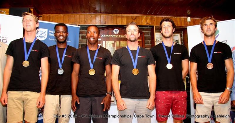 Gold, silver and bronze medallists at the 470 African Championship photo copyright Trevor Wilkins Photography taken at Oceana Power Boat Club and featuring the 470 class