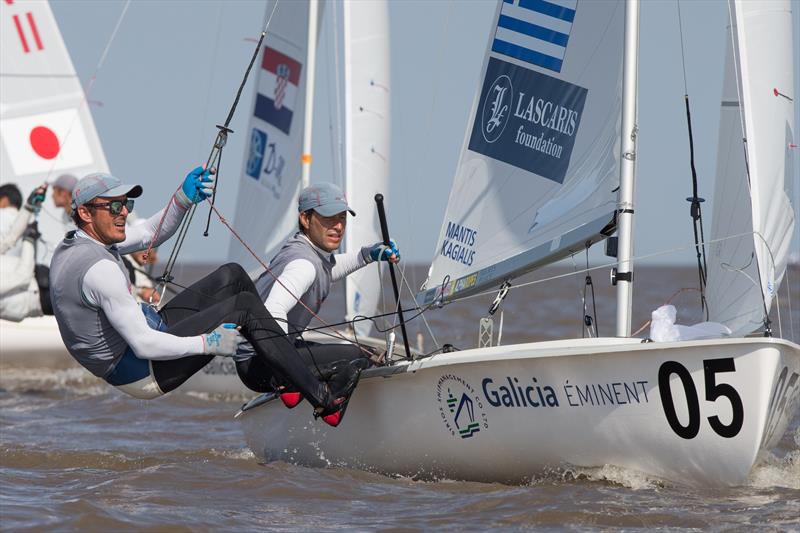 Panagotis Mantis/Pavlos Kagialis (GRE1) on day 3 of the 470 Worlds in Argentina photo copyright Matiaz Capizzano taken at Club Náutico San Isidro and featuring the 470 class