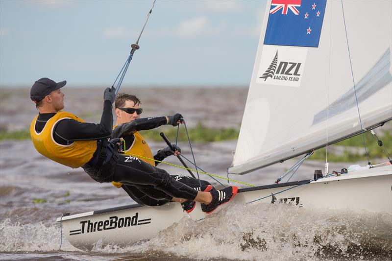 Paul Snow-Hansen/Daniel Wilcox (NZL2) on day 5 of the 470 Worlds in Argentina photo copyright Matiaz Capizzano taken at Club Náutico San Isidro and featuring the 470 class