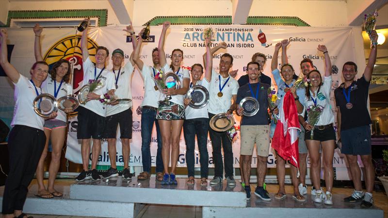 Gold, silver and bronze medallists at the 470 Worlds in Argentina photo copyright Matiaz Capizzano taken at Club Náutico San Isidro and featuring the 470 class