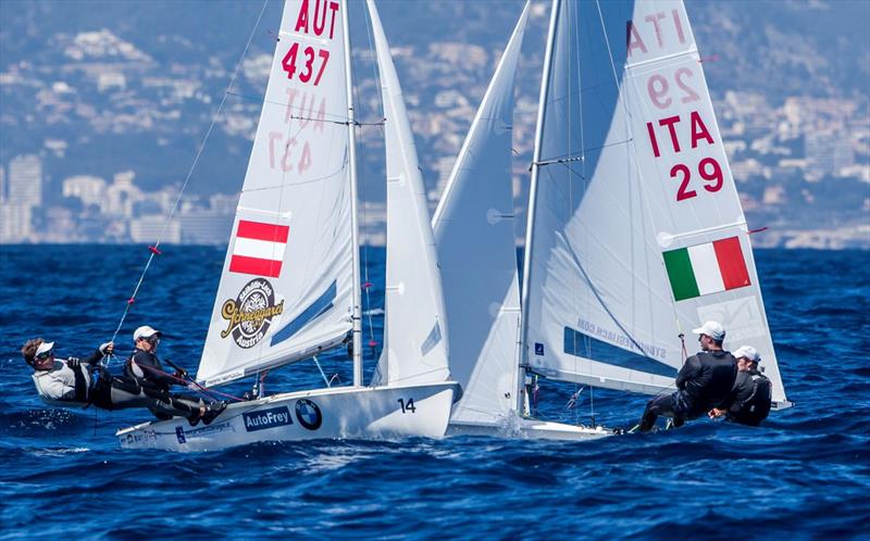 David Bargehr and Lukas Mahr (AUT) cross Simon Sivitz Kosuta and Jas Farneti (ITA) on day 4 of the 470 European Championships in Palma photo copyright Jesus Renedo / Sailing Energy / CBA taken at Club Nàutic S'Arenal and featuring the 470 class