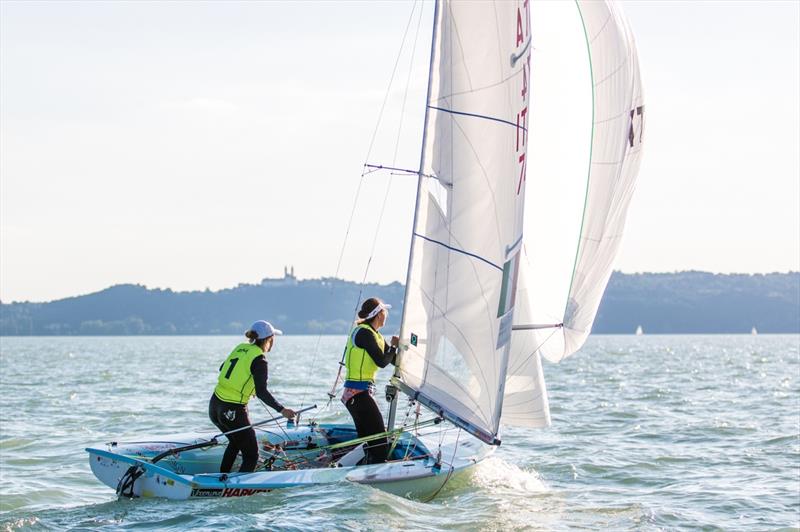 Benedetta di Salle/Alessandra Dubbini (ITA) on day 5 of the 420 and 470 Junior Europeans photo copyright Leonard Szabo taken at Balatonfüredi Yacht Club and featuring the 470 class