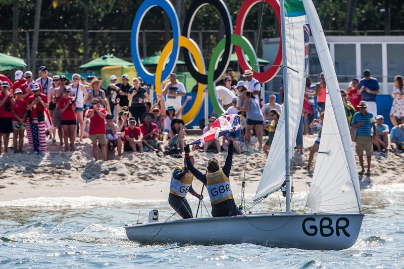 Hannah Mills & Saska Clark (GBR) celebrate gold in the Women's 470 class at the Rio 2016 Olympic Sailing Competition photo copyright Sailing Energy / World Sailing taken at  and featuring the 470 class