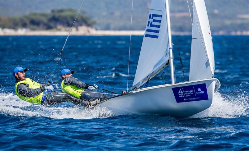 Mantis and Kagialis of Greece on World Cup Hyères day 4 photo copyright Jesus Renedo / Sailing Energy / World Sailing taken at COYCH Hyeres and featuring the 470 class