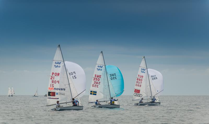 Deniz Cinar/Ates Cinar (TUR-890) leading over Sweden and Portugal on day 3 of the 470 Europeans at Monaco photo copyright Mesi taken at Yacht Club de Monaco and featuring the 470 class