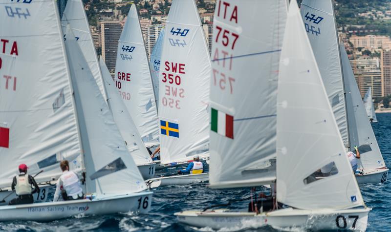 470 Men's gold fleet start on day 3 of the 470 Europeans at Monaco - photo © Mesi