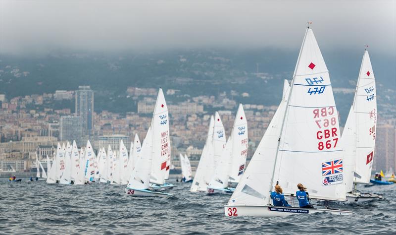 470 Women Race 9 start on day 5 of the 470 Europeans at Monaco photo copyright Mesi taken at Yacht Club de Monaco and featuring the 470 class