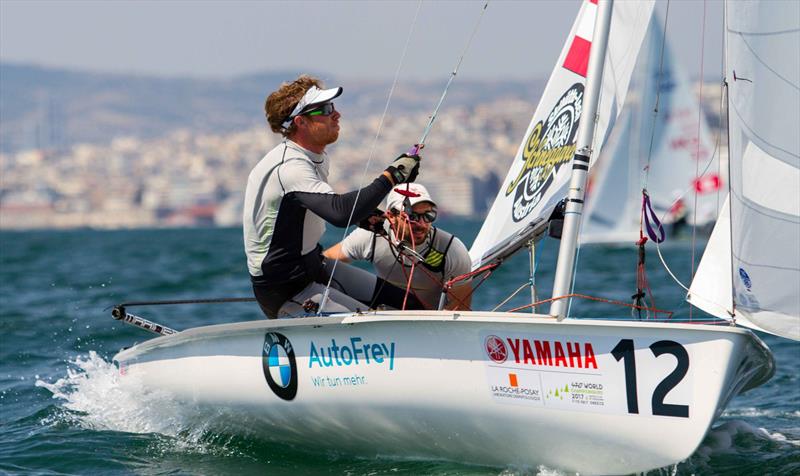 David Bargehr and Lukas Mahr (AUT) at the 470 Worlds on day 2 photo copyright Nikos Alevromytis / International 470 Class taken at Nautical Club of Thessaloniki and featuring the 470 class