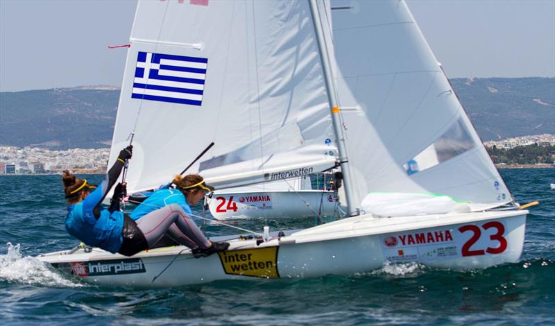 Maria Bozi and Rafailina Klonaridou (GRE) at the 470 Worlds on day 2 photo copyright Nikos Alevromytis / International 470 Class taken at Nautical Club of Thessaloniki and featuring the 470 class