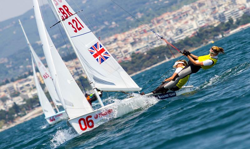 Hannah Mills and Saskia Clark (GBR) at the 470 Worlds on day 2 photo copyright Nikos Alevromytis / International 470 Class taken at Nautical Club of Thessaloniki and featuring the 470 class