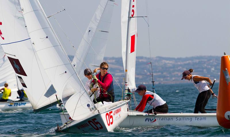 Linda FAHRNI and Maja SIEGENTHALER (SUI) chase Elena BERTA and Sveva CARRARO (ITA) on day 4 at the 470 Worlds photo copyright Nikos Alevromytis / International 470 Class taken at Nautical Club of Thessaloniki and featuring the 470 class