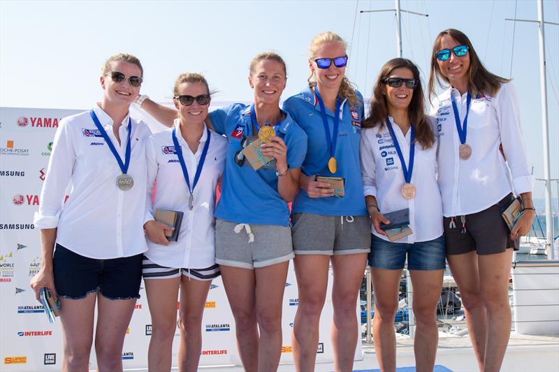 Women's podium at the 470 Worlds in Greece 2017 photo copyright Nikos Alevromytis / International 470 Class taken at Nautical Club of Thessaloniki and featuring the 470 class