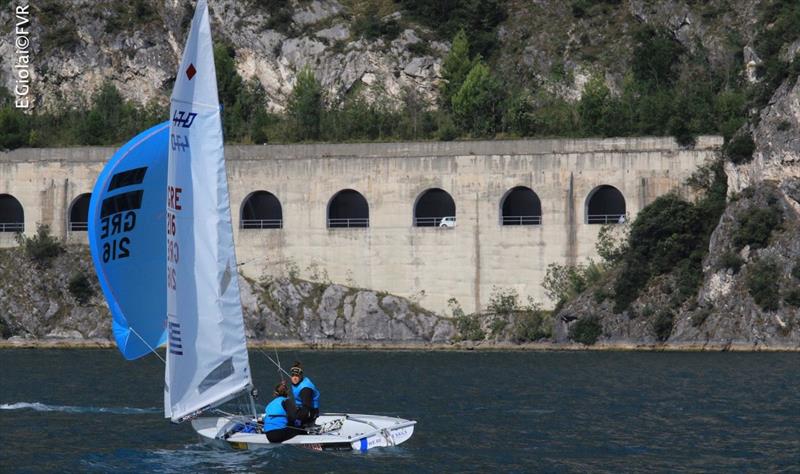 Maria BOZI and Rafailina KLONARIDOU (GRE) on day 4 of the 420 & 470 Junior Europeans photo copyright Elena Giolai taken at Fraglia Vela Riva and featuring the 470 class