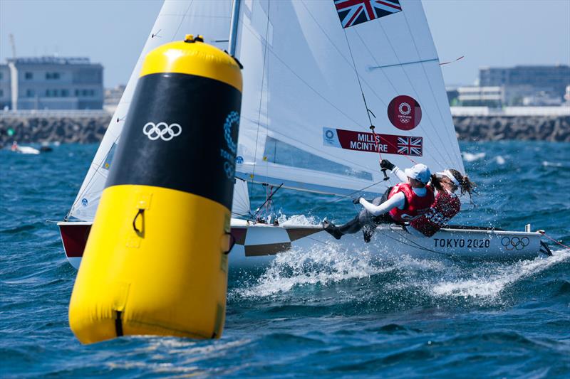 Hannah Mills & Eilidh McIntyre (GBR) in the Women's 470 on Tokyo 2020 Olympic Sailing Competition Day 5 photo copyright Sailing Energy / World Sailing taken at  and featuring the 470 class