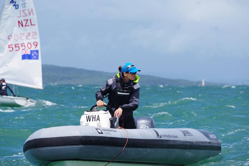 Jo Aleh, coaching at the Oceanbridge NZL Sailing Regatta - Day 1, February 3, 2018 Murrays Bay SC. - photo © Yachting NZ