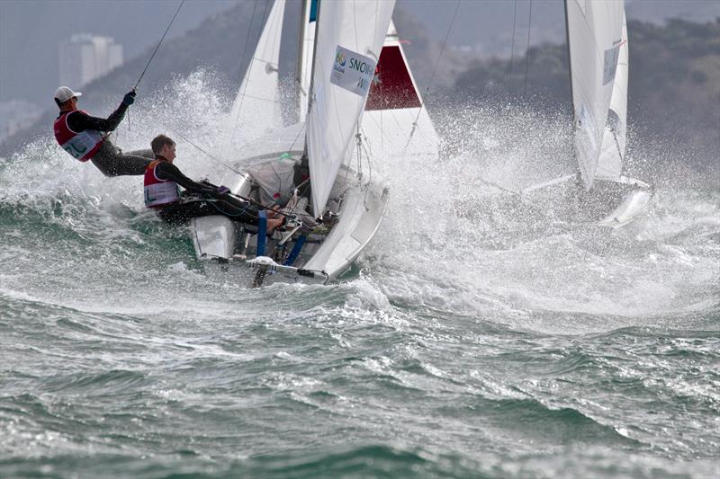 Olympic racing at its best - Paul Snow-Hansen and Dan Willcox blast upwind on Day 4 of the 2016 Olympic Regatta - a sight not seen by TV viewers. - photo © Richard Gladwell
