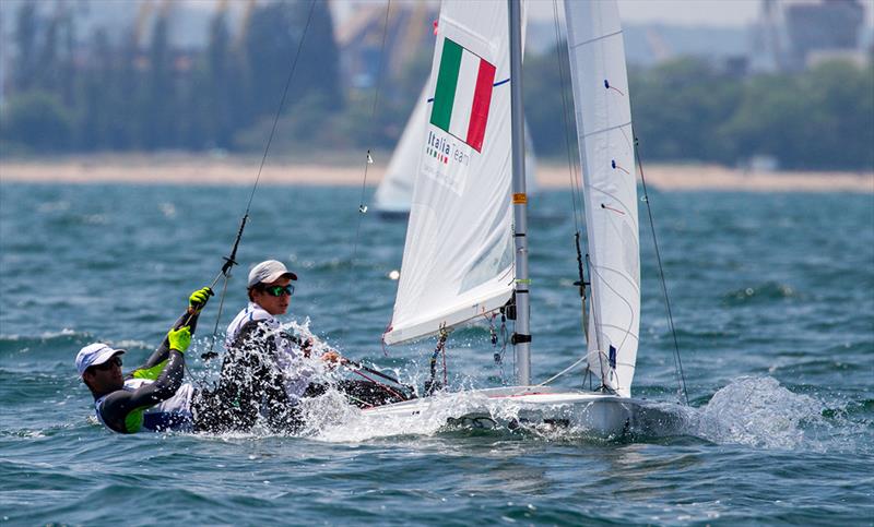 Giacomo Ferrari/Giulio Calabro (ITA) in third overall after 3 races - 2018 470 European Championships  photo copyright Nikos Alevromytis / International 470 Class taken at Yacht Club Port Bourgas and featuring the 470 class