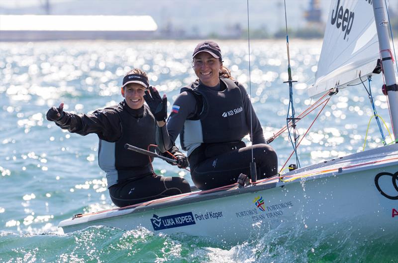 Tina Mrak/Veronica Macarol (SLO) seize the 470 Europeans lead on race day 4 - 2018 470 European Championships - Day 4 photo copyright Nikos Alevromytis / International 470 Class taken at Yacht Club Port Bourgas and featuring the 470 class