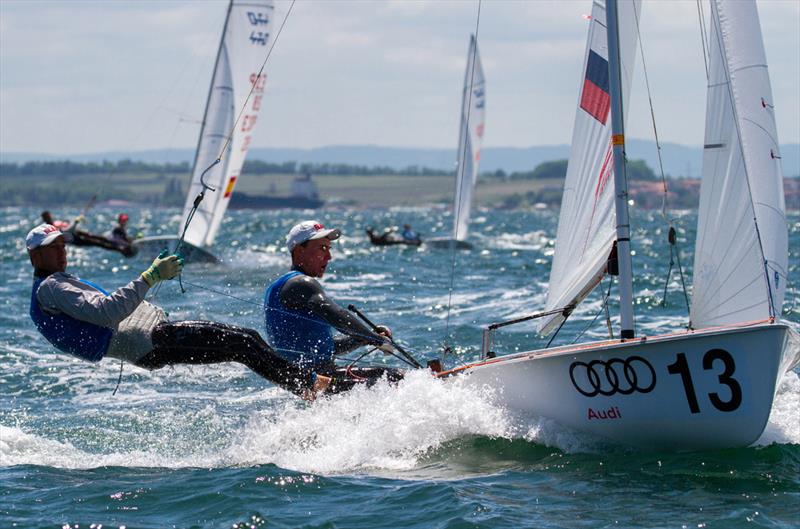 Pavel Sozykin/Denis Gribanov (RUS) in 3rd on race day 4 - 2018 470 European Championships - Day 4 photo copyright Nikos Alevromytis / International 470 Class taken at Yacht Club Port Bourgas and featuring the 470 class