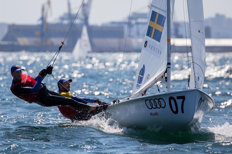 Anton Dahlberg/Fredrik Bergstrom (SWE) take over the 470 Men lead on day 4 - 2018 470 European Championships - Day 4 photo copyright Nikos Alevromytis / International 470 Class taken at Yacht Club Port Bourgas and featuring the 470 class