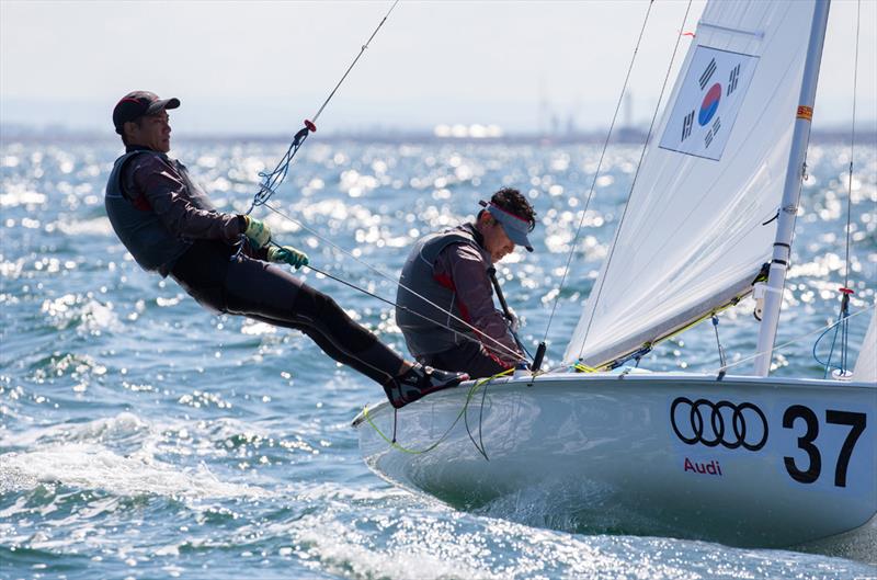 Changju Kim/Jihoon Kim (KOR) - 2018 470 European Championships - Day 4 photo copyright Nikos Alevromytis / International 470 Class taken at Yacht Club Port Bourgas and featuring the 470 class