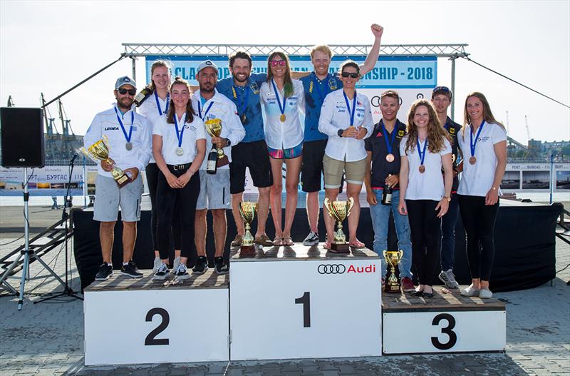 470 Men and Women European Championship medallists - 2018 470 European Championship - Day 6 photo copyright Nikos Alevromytis / International 470 Class taken at Yacht Club Port Bourgas and featuring the 470 class