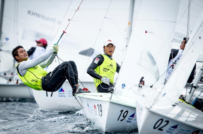 Keiju Okada and Jumpei Hokazono (JPN) in the 470 on Day 2 at World Cup Series Enoshima photo copyright Jesus Renedo / Sailing Energy / World Sailing taken at  and featuring the 470 class