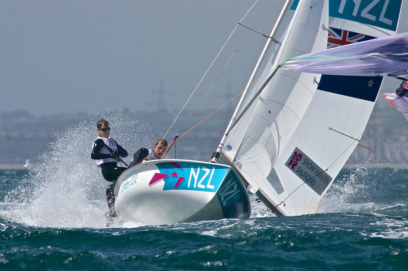 The NZL crew (Paul Snow-Hansen and Dan Willcox) contest the lead in the 470 at the 2012 Olympics photo copyright Richard Gladwell taken at Weymouth & Portland Sailing Academy and featuring the 470 class