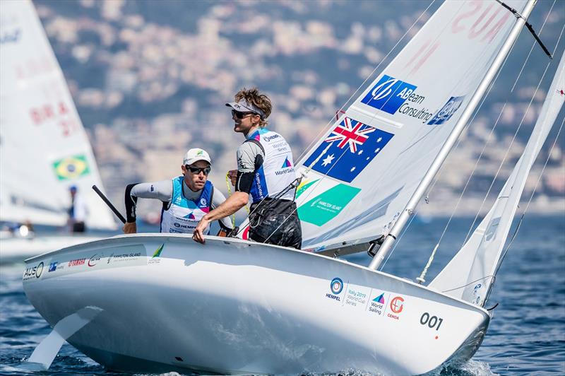 Mat Belcher and Will Ryan sail through extremely light air - Genoa World Cup Series photo copyright Sailing Energy taken at  and featuring the 470 class