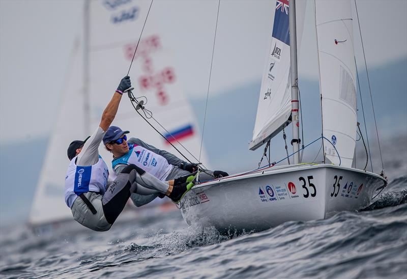 Paul Snow-Hansen and Dan Willcox (NZL) on their way to win the first race in the Sailing World Cup Enoshima - Day 1, August 27, 2019 photo copyright Jesus Renedo / Sailing Energy taken at  and featuring the 470 class