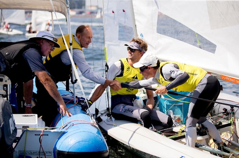 Men's 470 coach Victor Kovalenko, Mat Belcher and Will Ryan - Hempel World Cup Series Enoshima, day 6 - photo © Pedro Martinez / Sailing Energy / World Sailing