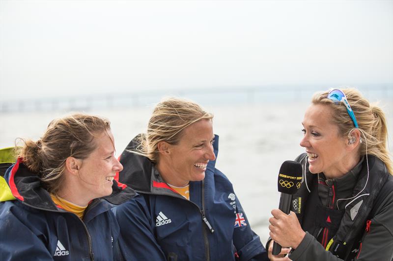 Shirley Robertson interviews Team GBR's Hannah Mills (left) and Saskia Clark (center) - photo © Shirley Robertson Collection