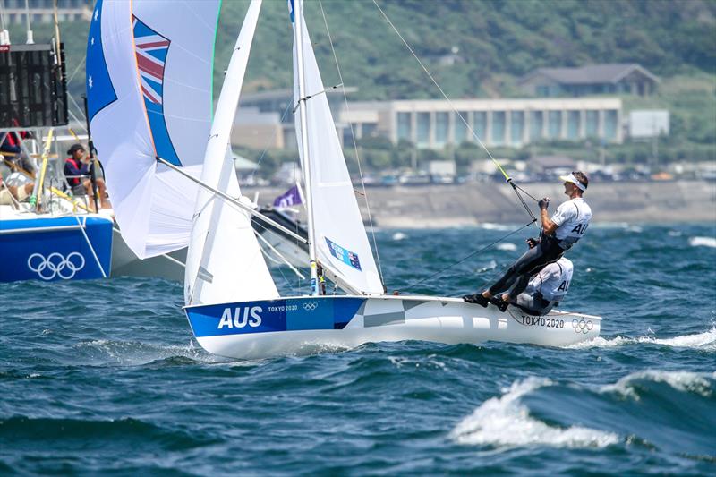 Tokyo2020 - Day 4 - July, 28, - Enoshima, Japan  - Mathew Belcher  and Will Ryan (AUS) Mens 470 finish Race 1 photo copyright Richard Gladwell - Sail-World.com / nz taken at  and featuring the 470 class
