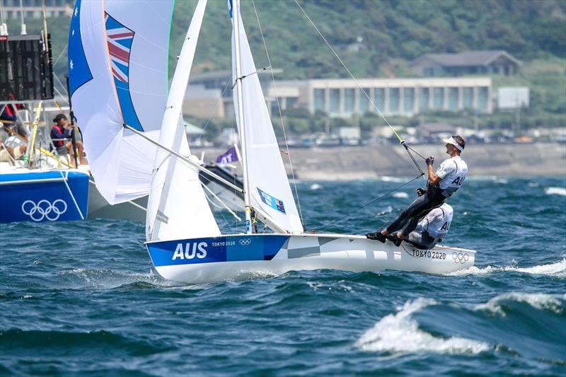 Tokyo2020 - Day 4 - July, 28, - Enoshima, Japan  - Mathew Belcher  and Will Ryan (AUS) Mens 470 finish Race 1 - photo © Richard Gladwell - Sail-World.com / nz