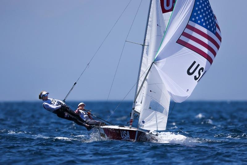 Nikole Barnes (St. Thomas, USVI) and Lara Dallman-Weiss (Shoreview, Minn.), Women's 470. - Tokyo 2020 Olympics, Day 8 photo copyright Sailing Energy / US Sailing taken at  and featuring the 470 class