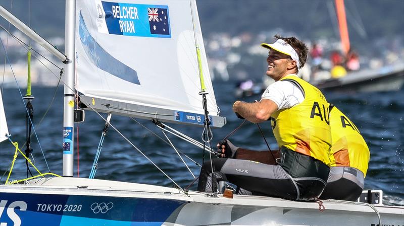 Will Ryan is all smiles as the AUS Mens 470 crew crosses the finish line - Mens 470 Medal Race - Tokyo2020 - Day 10 - August 4,, Enoshima, Japan - photo © Richard Gladwell - Sail-World.com / nz